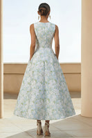 Load image into Gallery viewer, White Blue Floral A Line Round Neck Maxi Formal Dress