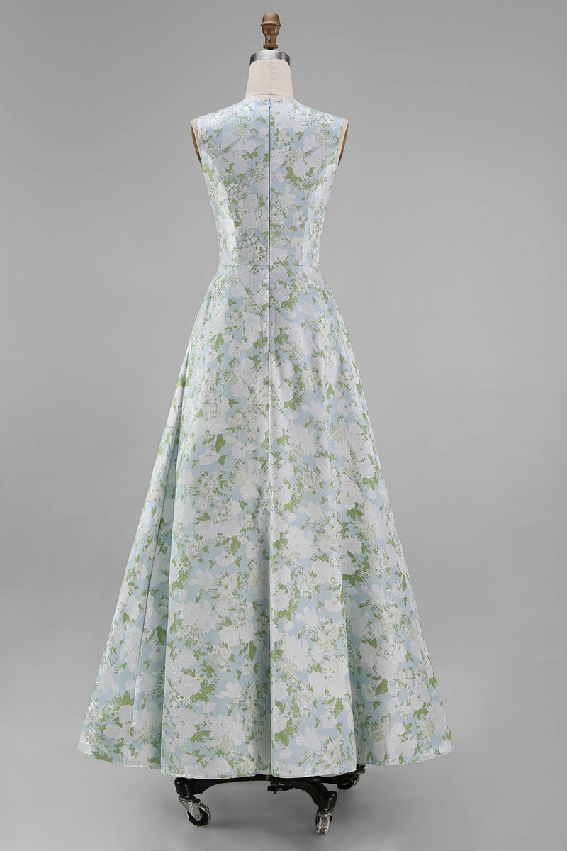 Load image into Gallery viewer, White Blue Floral A Line Round Neck Maxi Formal Dress
