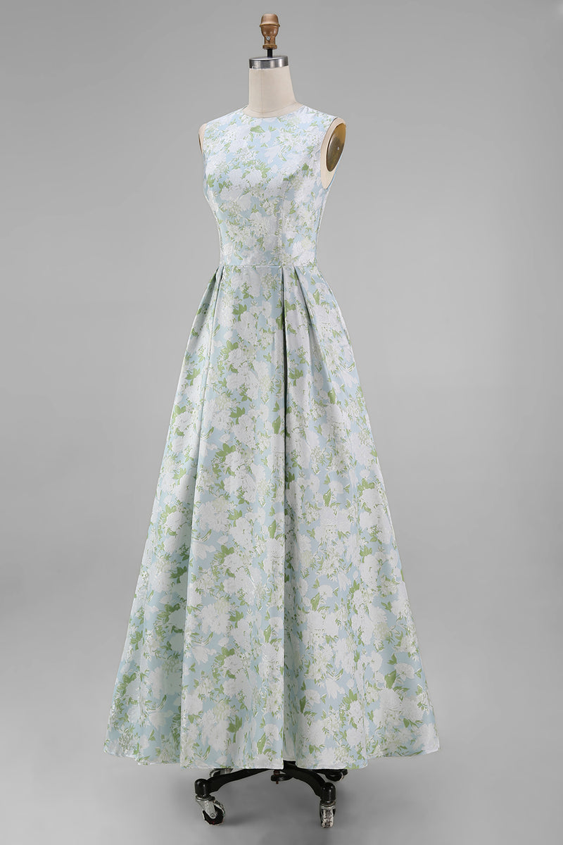 Load image into Gallery viewer, White Blue Floral A Line Round Neck Maxi Formal Dress