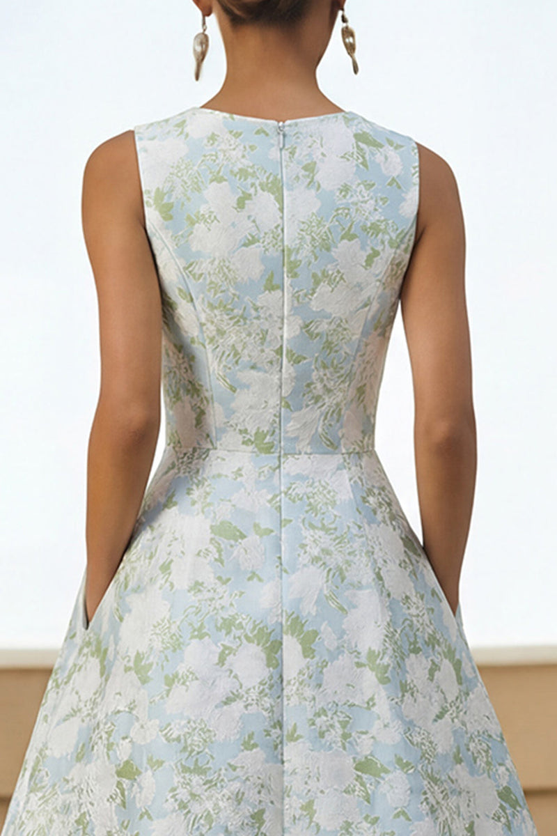 Load image into Gallery viewer, White Blue Floral A Line Round Neck Maxi Formal Dress