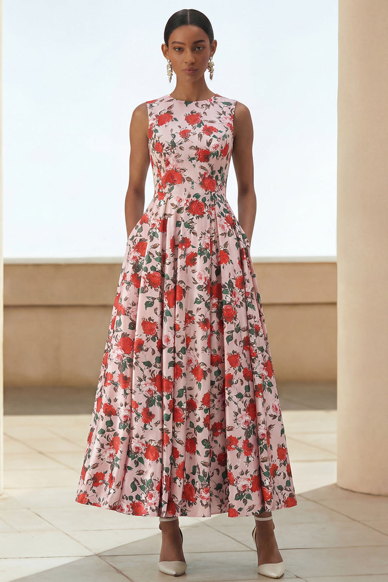 Load image into Gallery viewer, Pink Red Round Neck Floral A Line Maxi Formal Dress