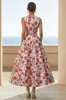 Load image into Gallery viewer, Pink Red Round Neck Floral A Line Maxi Formal Dress