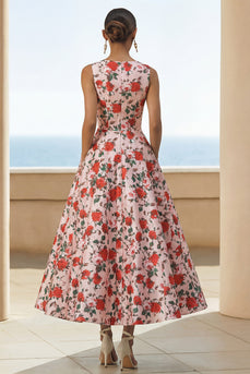 Pink Red Round Neck Floral A Line Maxi Formal Dress