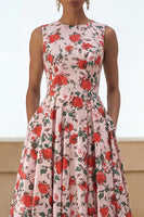 Load image into Gallery viewer, Pink Red Round Neck Floral A Line Maxi Formal Dress