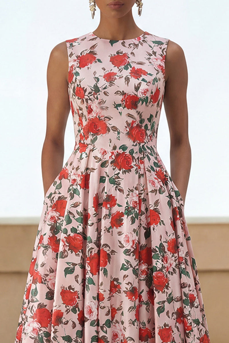 Load image into Gallery viewer, Pink Red Round Neck Floral A Line Maxi Formal Dress