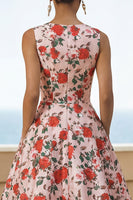 Load image into Gallery viewer, Pink Red Round Neck Floral A Line Maxi Formal Dress