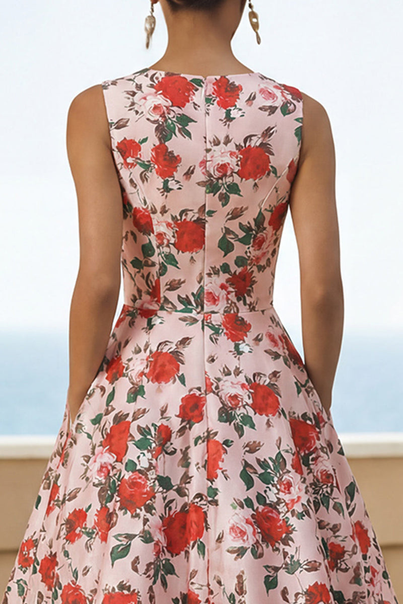 Load image into Gallery viewer, Pink Red Round Neck Floral A Line Maxi Formal Dress