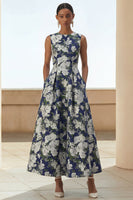 Load image into Gallery viewer, Navy A Line Round Neck Maxi Floral Formal Dress