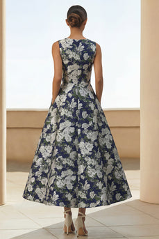 Navy A Line Round Neck Maxi Floral Formal Dress