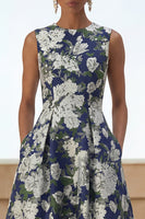 Load image into Gallery viewer, Navy A Line Round Neck Maxi Floral Formal Dress