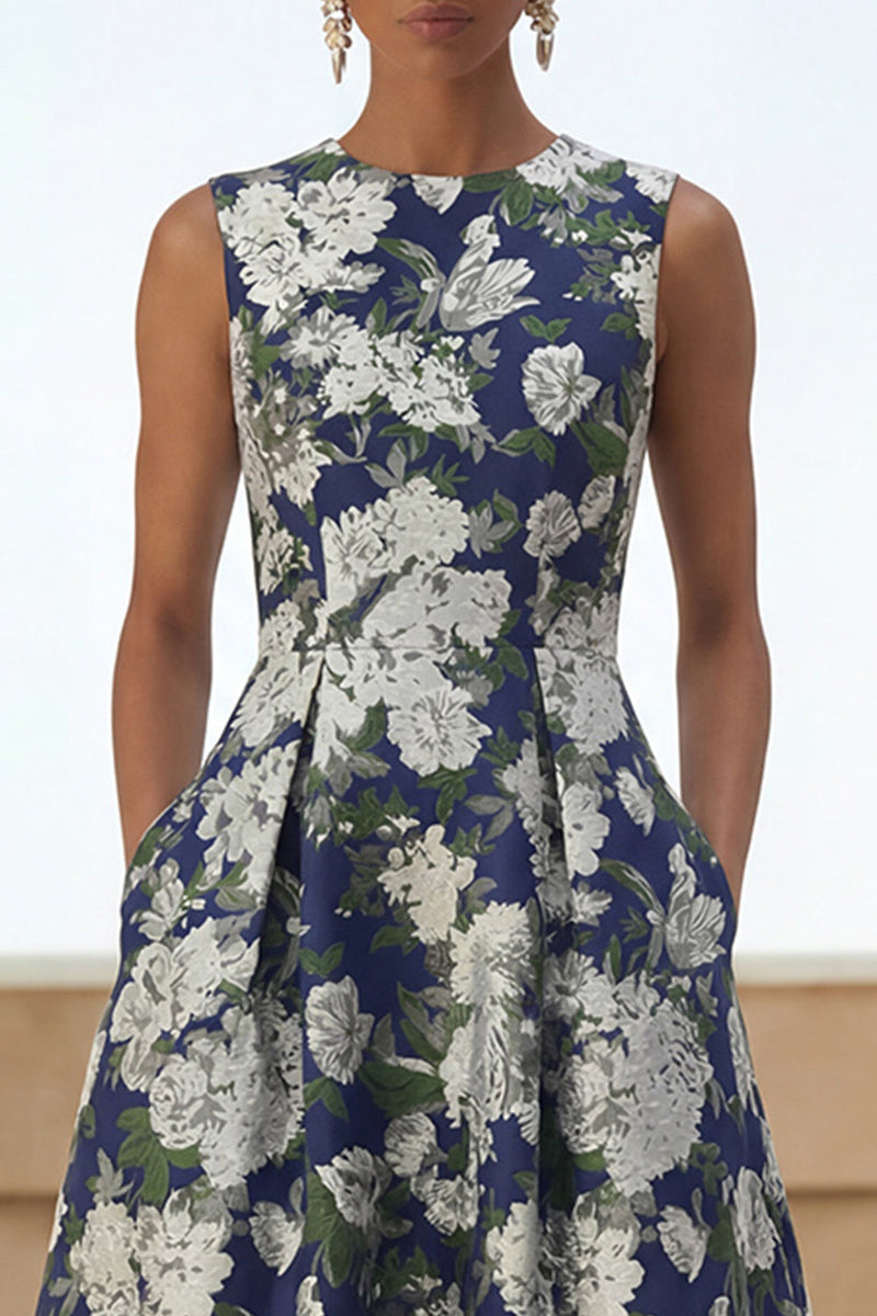 Load image into Gallery viewer, Navy A Line Round Neck Maxi Floral Formal Dress