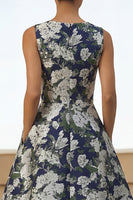 Load image into Gallery viewer, Navy A Line Round Neck Maxi Floral Formal Dress