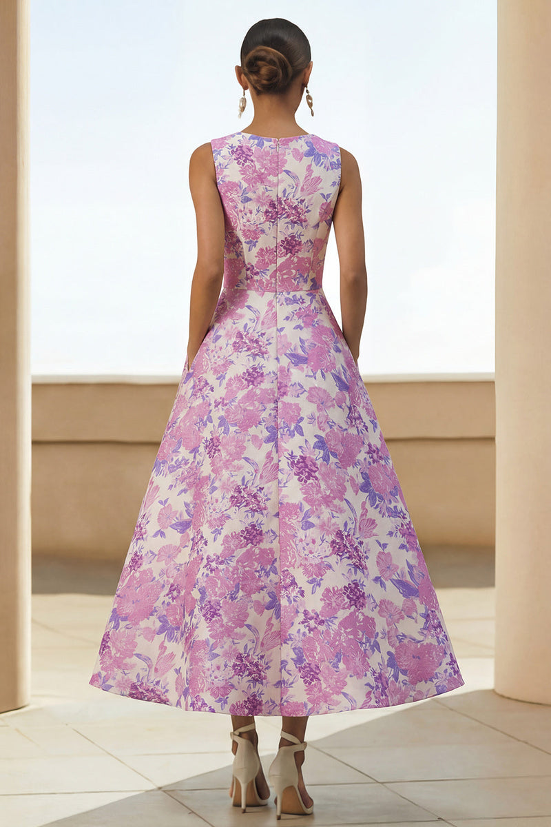 Load image into Gallery viewer, Lilac Round Neck A Line Floral Maxi Formal Dress