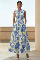 Load image into Gallery viewer, Blue Daffodil A Line Floral Round Neck Maxi Formal Dress