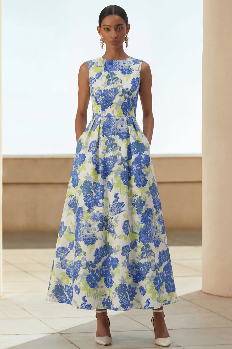 Load image into Gallery viewer, Blue Daffodil A Line Floral Round Neck Maxi Formal Dress