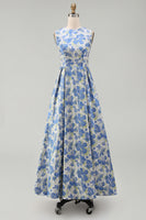 Load image into Gallery viewer, Blue Daffodil A Line Floral Round Neck Maxi Formal Dress