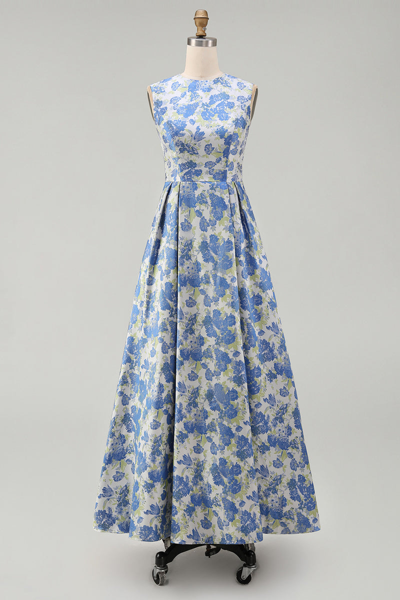 Load image into Gallery viewer, Blue Daffodil A Line Floral Round Neck Maxi Formal Dress