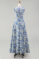 Load image into Gallery viewer, Blue Daffodil A Line Floral Round Neck Maxi Formal Dress