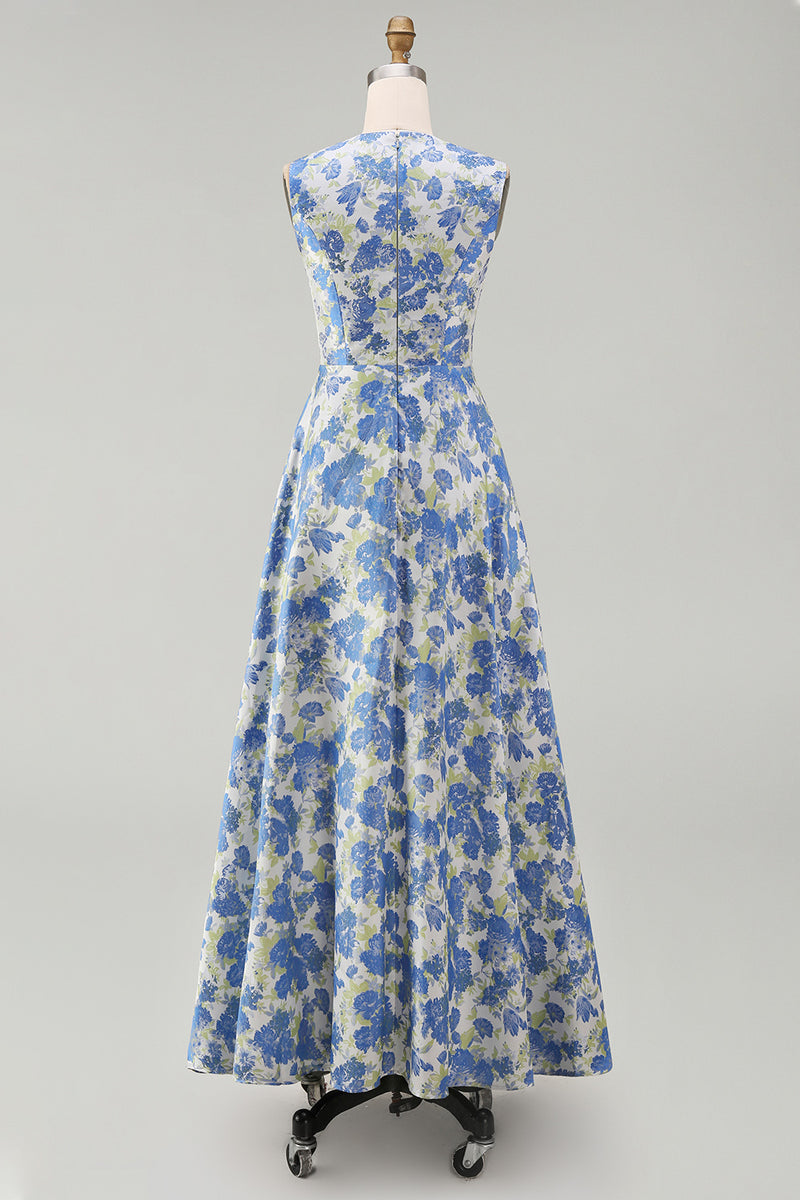 Load image into Gallery viewer, Blue Daffodil A Line Floral Round Neck Maxi Formal Dress