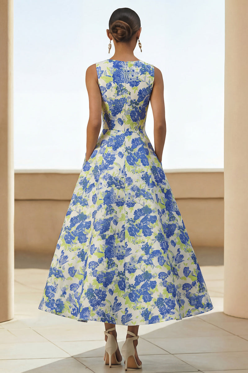 Load image into Gallery viewer, Blue Daffodil A Line Floral Round Neck Maxi Formal Dress