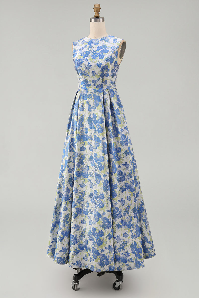 Load image into Gallery viewer, Blue Daffodil A Line Floral Round Neck Maxi Formal Dress