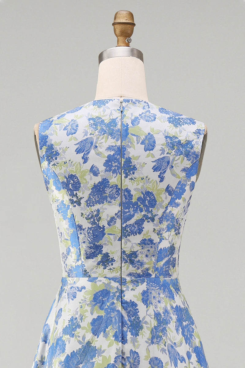 Load image into Gallery viewer, Blue Daffodil A Line Floral Round Neck Maxi Formal Dress