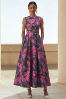 Load image into Gallery viewer, Fuchsia Flower A Line Long Round Neck Formal Dress