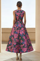 Load image into Gallery viewer, Fuchsia Flower A Line Long Round Neck Formal Dress
