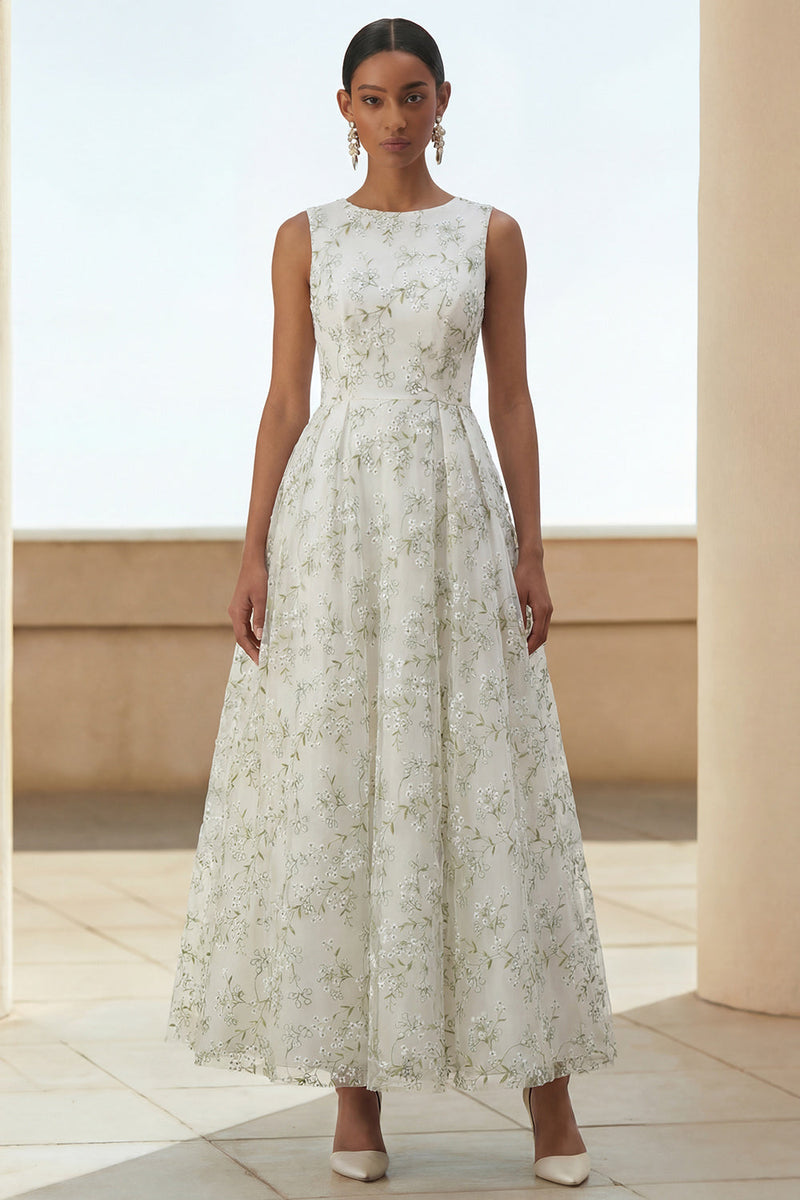 Load image into Gallery viewer, Light Green A Line Floral Maxi Round Neck Formal Dress