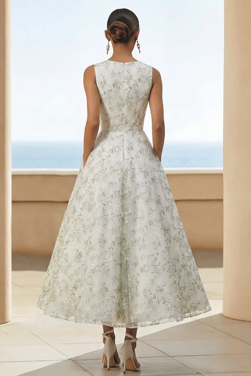 Load image into Gallery viewer, Light Green A Line Floral Maxi Round Neck Formal Dress