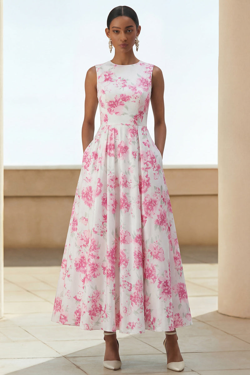 Load image into Gallery viewer, White Fuchsia Flower Round Neck A Line Maxi Formal Dress with Pockets