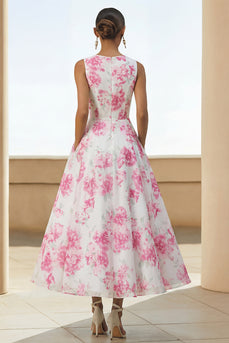 White Fuchsia Flower Round Neck A Line Maxi Formal Dress with Pockets