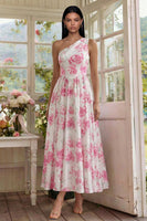 Load image into Gallery viewer, White Fuchsia Flower A Line One Shoulder Long Formal Dress