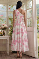 Load image into Gallery viewer, White Fuchsia Flower A Line One Shoulder Long Formal Dress