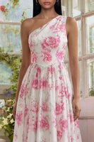 Load image into Gallery viewer, White Fuchsia Flower A Line One Shoulder Long Formal Dress