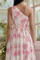 Load image into Gallery viewer, White Fuchsia Flower A Line One Shoulder Long Formal Dress