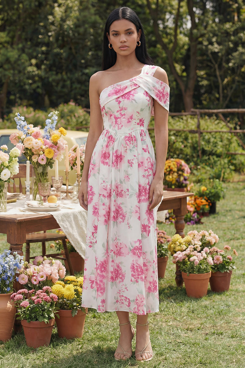 Load image into Gallery viewer, White Fuchsia One Shoulder Floral A Line Maxi Formal Dress