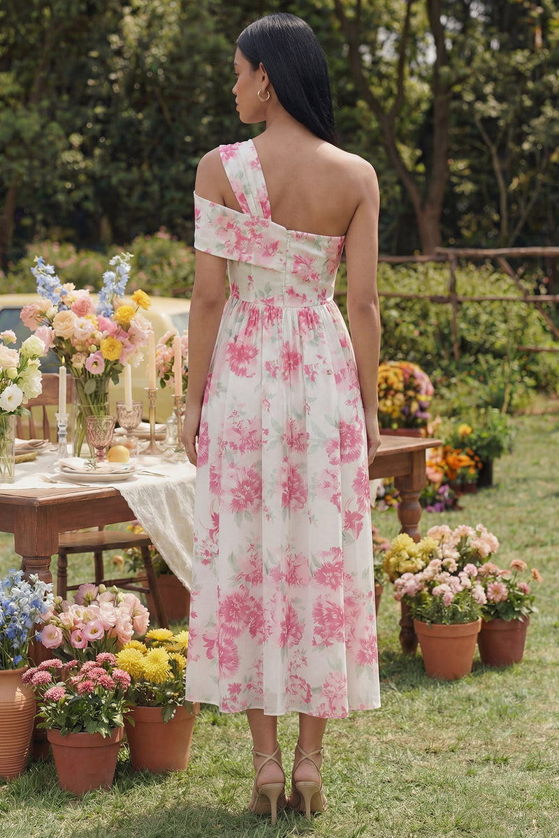 Load image into Gallery viewer, White Fuchsia One Shoulder Floral A Line Maxi Formal Dress