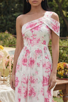 Load image into Gallery viewer, White Fuchsia One Shoulder Floral A Line Maxi Formal Dress