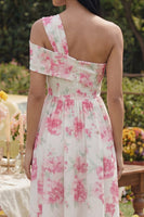 Load image into Gallery viewer, White Fuchsia One Shoulder Floral A Line Maxi Formal Dress