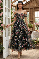 Load image into Gallery viewer, Black Floral A Line Off the Shoulder Maxi Formal Dress