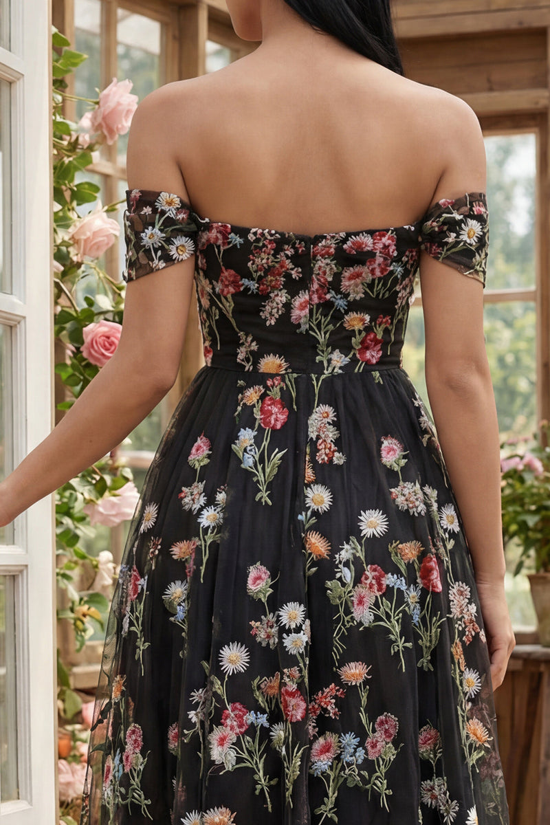 Load image into Gallery viewer, Black Floral A Line Off the Shoulder Maxi Formal Dress
