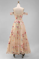 Load image into Gallery viewer, Black Floral A Line Off the Shoulder Maxi Formal Dress