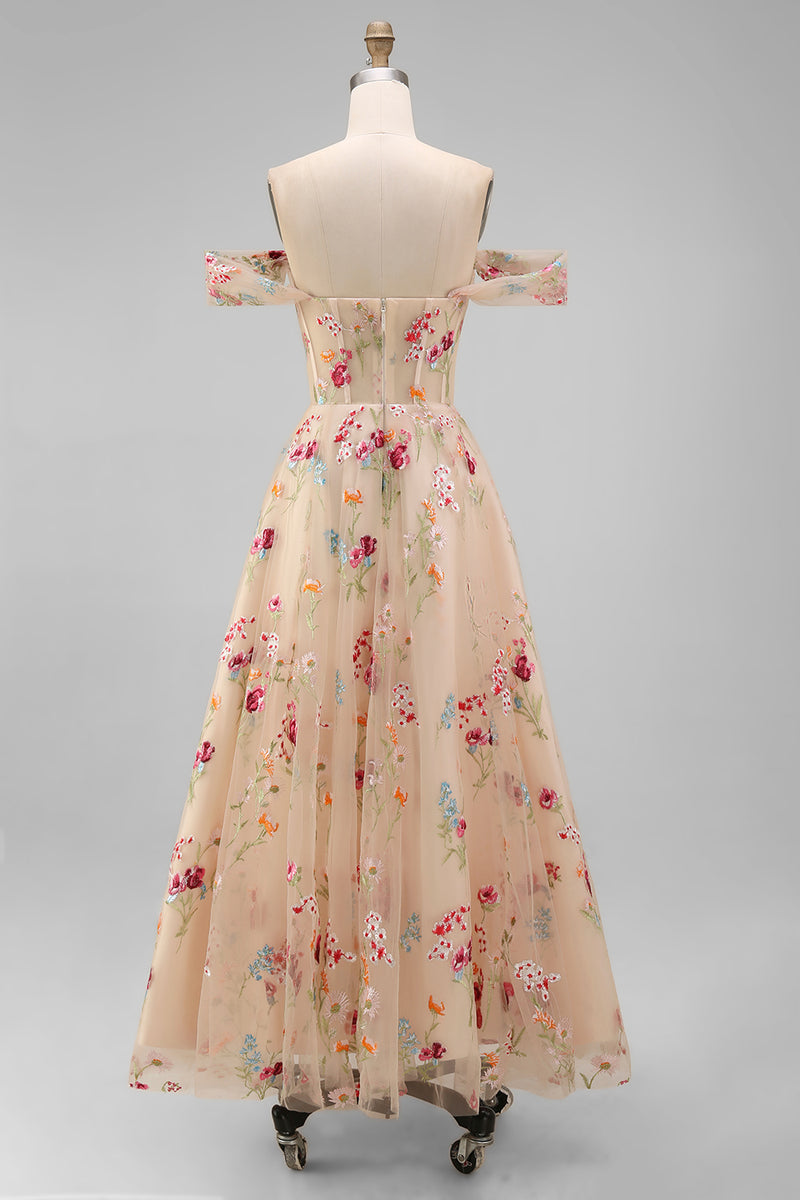 Load image into Gallery viewer, Black Floral A Line Off the Shoulder Maxi Formal Dress