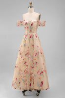 Load image into Gallery viewer, Black Floral A Line Off the Shoulder Maxi Formal Dress