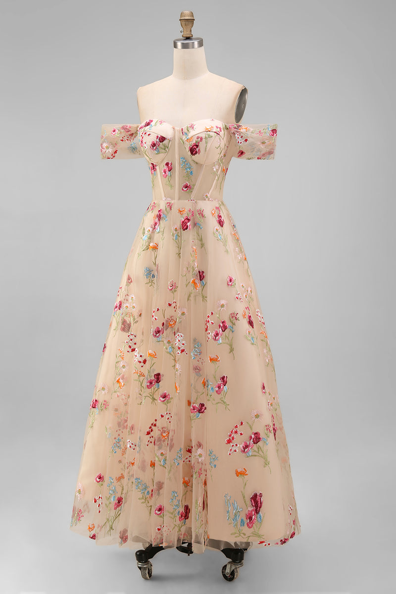 Load image into Gallery viewer, Black Floral A Line Off the Shoulder Maxi Formal Dress