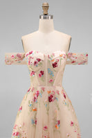 Load image into Gallery viewer, Black Floral A Line Off the Shoulder Maxi Formal Dress