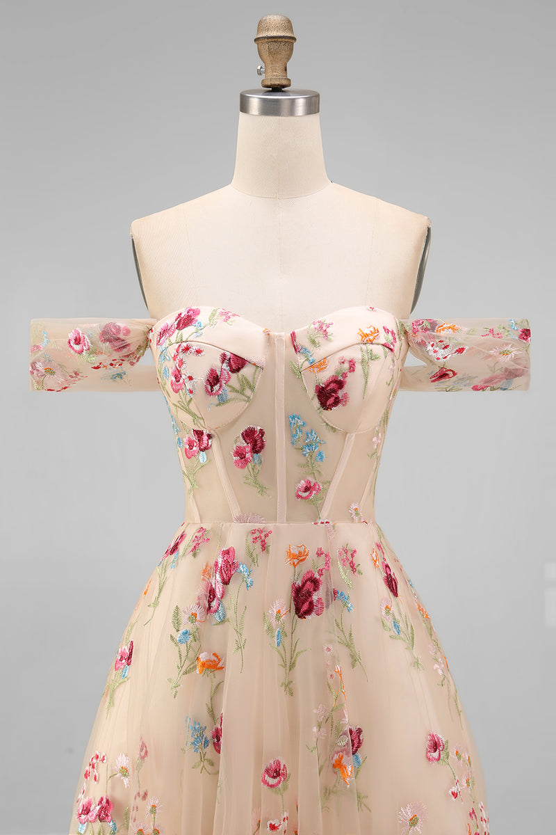 Load image into Gallery viewer, Black Floral A Line Off the Shoulder Maxi Formal Dress
