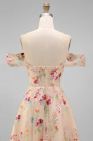 Load image into Gallery viewer, Black Floral A Line Off the Shoulder Maxi Formal Dress