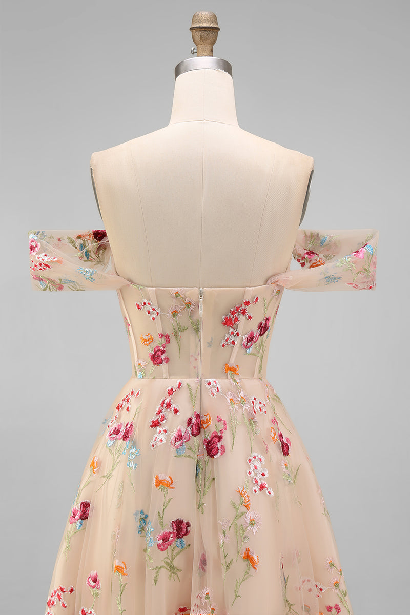 Load image into Gallery viewer, Black Floral A Line Off the Shoulder Maxi Formal Dress